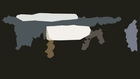 Abstrakte Komposition aus flachen Formen auf dunklem Grund: graublaue und weiße Flächen, ein brauner Streifen und eine helle Form am rechten Rand.