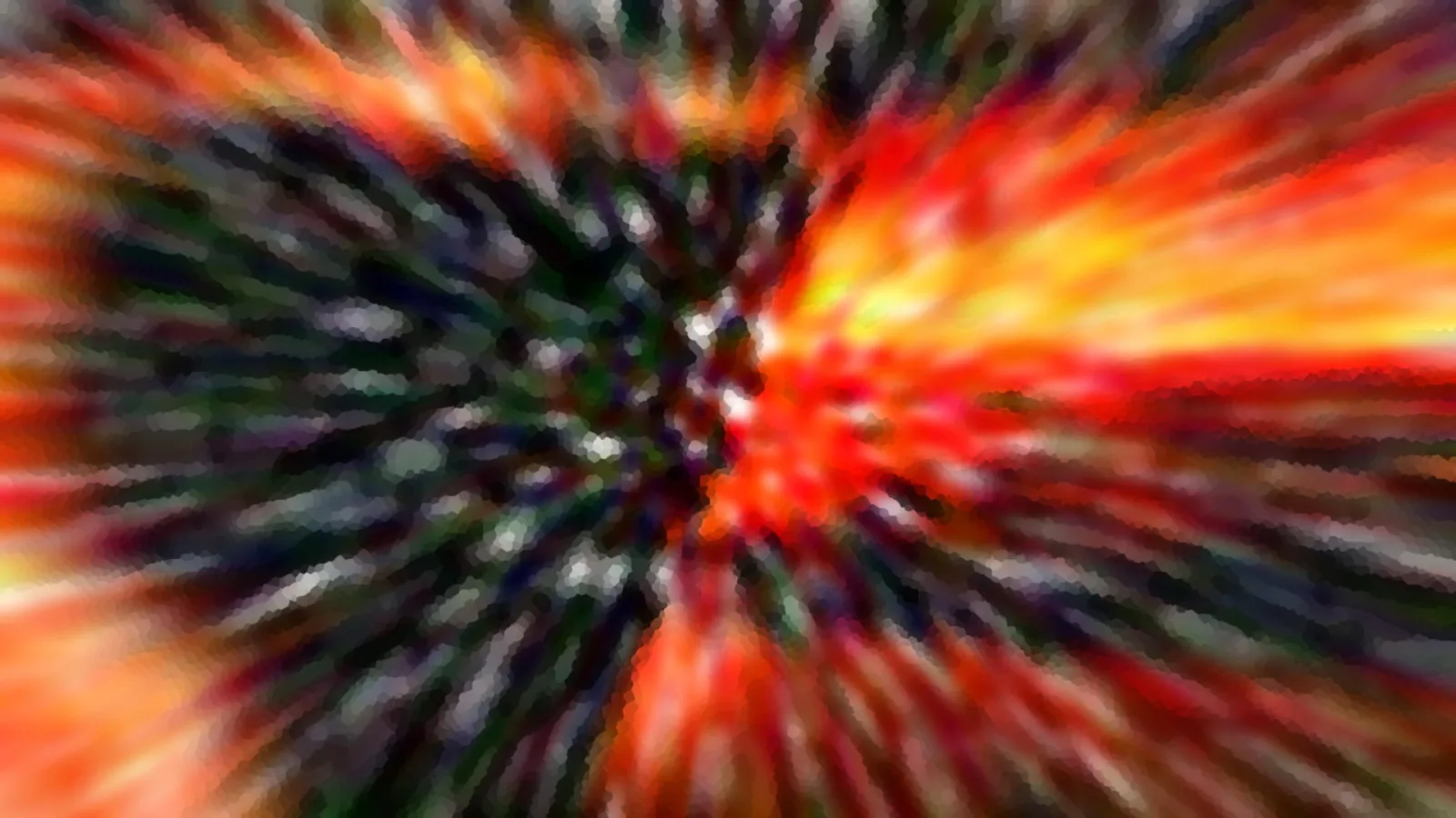 Abstrakte Komposition mit radial von der Mitte ausgehenden Streifen in Rot, Orange und Gelb, links dunkler mit Grün und Schwarz.