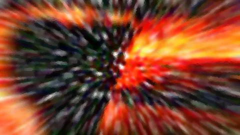 Abstrakte Komposition mit radial von der Mitte ausgehenden Streifen in Rot, Orange und Gelb, links dunkler mit Grün und Schwarz.