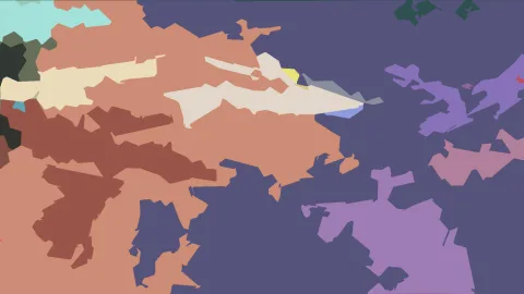 Abstrakte Komposition aus flachen, unregelmäßig geschnittenen Formen in Terrakotta, Lila, Creme und Mintgrün vor dunkelblauem Grund.