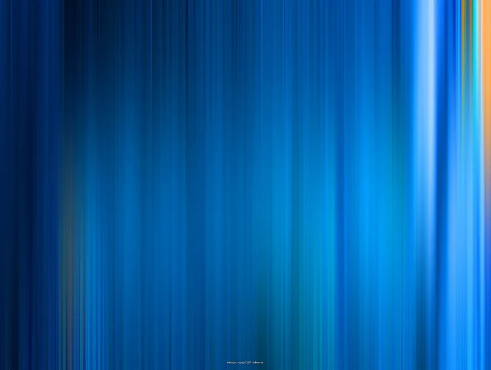 Abstrakte Komposition aus vertikalen, weichen blauen Streifen mit hellen Lichtbahnen rechts und einem warmen orangefarbenen Akzent am rechten Rand.
