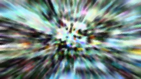 Abstrakte Komposition aus bunten, radial vom Zentrum ausstrahlenden Streifen in Grün, Blau, Violett und Weiß, mit pixeligen Übergängen.
