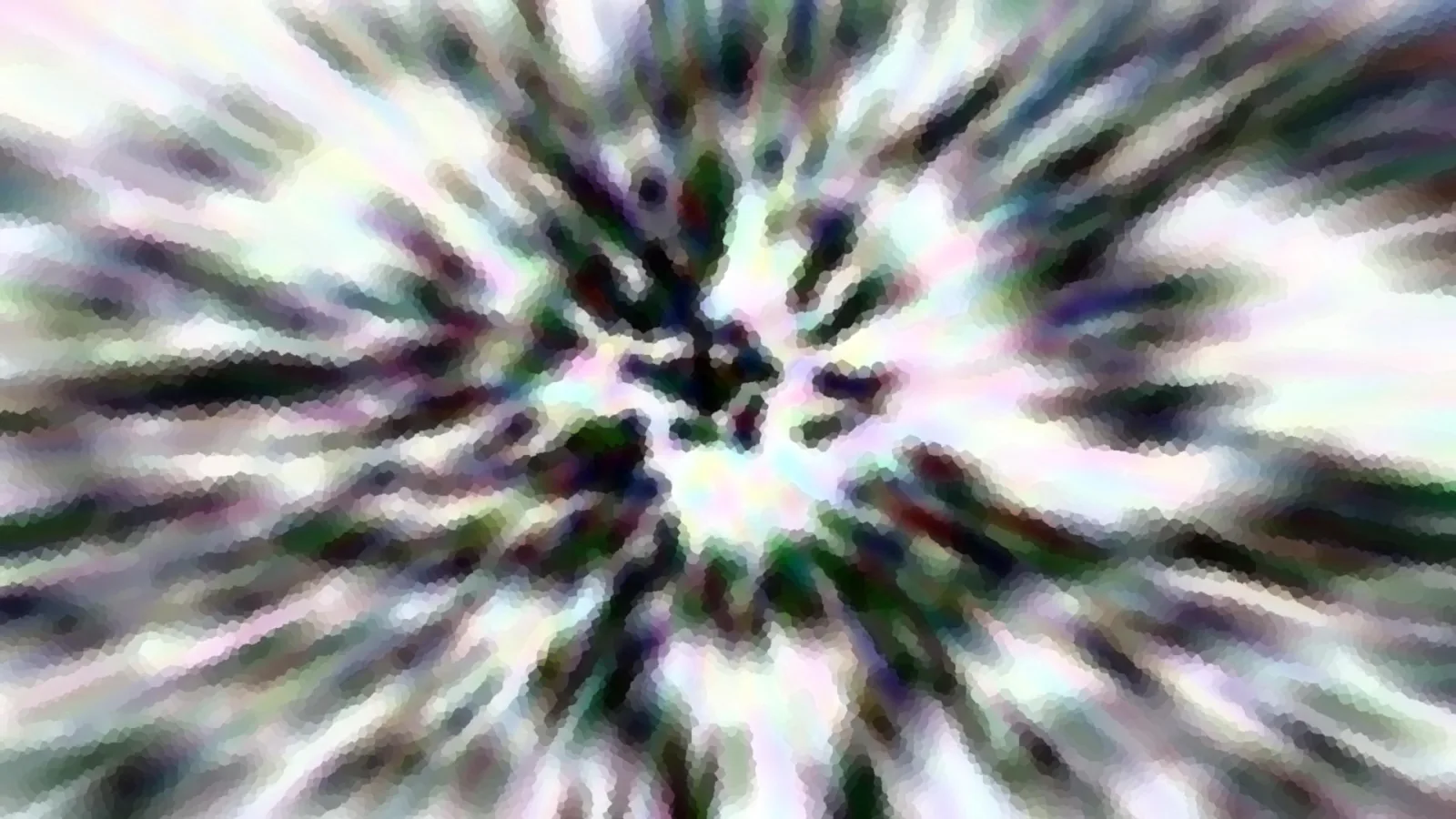 Abstraktes Bild mit radial von der Mitte nach außen laufenden Streifen in Grün, Weiß und Violett, die Mitte ist dunkel und verwaschen.