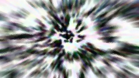 Abstraktes Bild mit radial von der Mitte nach außen laufenden Streifen in Grün, Weiß und Violett, die Mitte ist dunkel und verwaschen.
