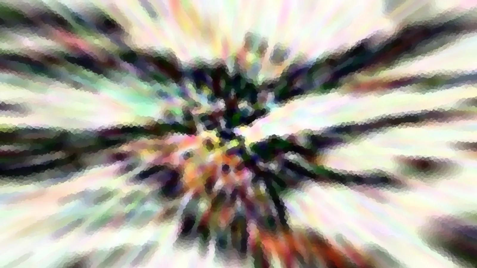 Abstraktes Bild mit radial von der Mitte nach außen verlaufenden Streifen in Pastell, Weiß und dunklen Grüntönen, mosaikartig pixelig.