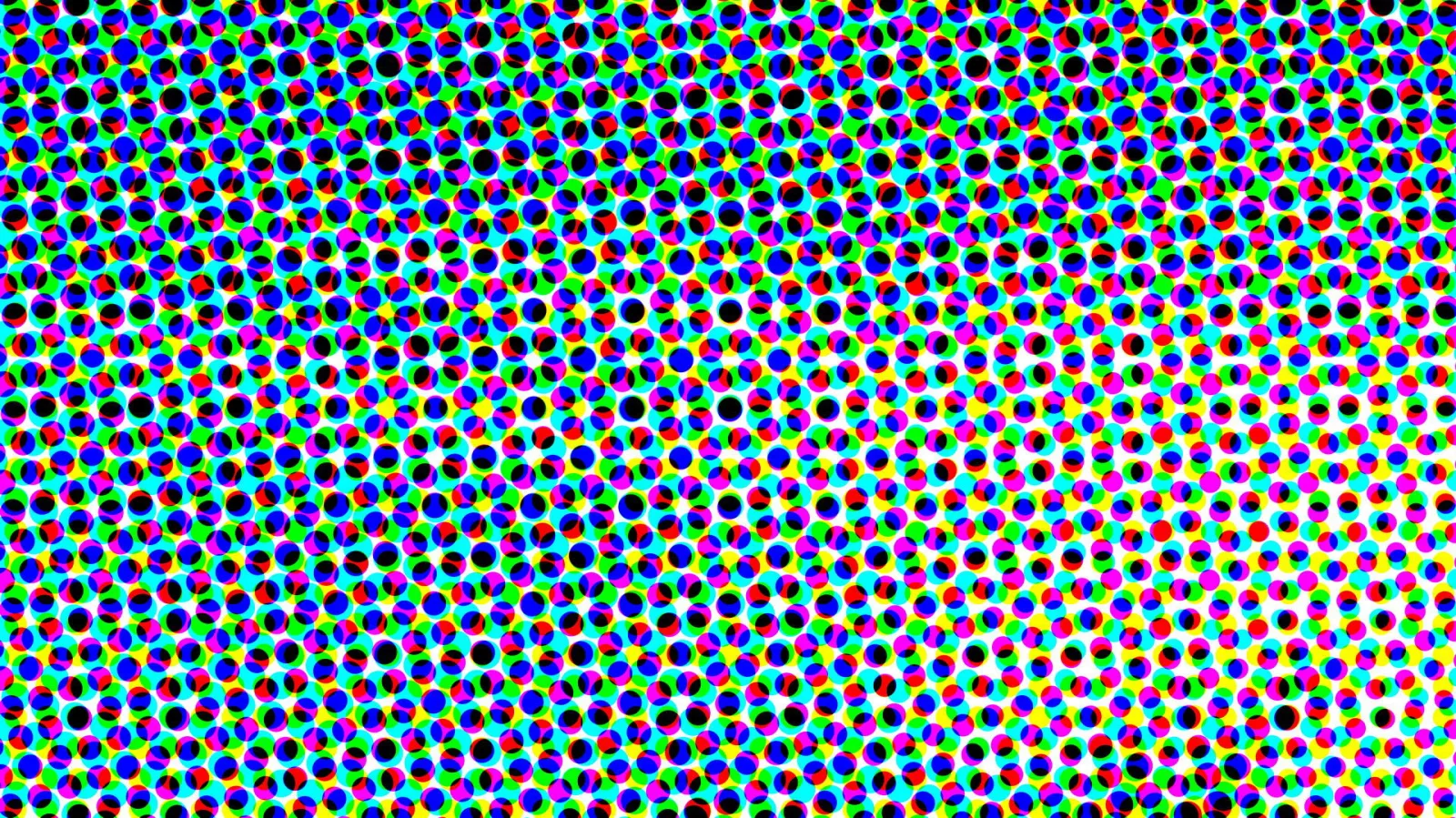 Dichtes, regelmäßiges Raster aus kleinen farbigen Punkten in Rot, Grün, Blau, Cyan, Magenta und Gelb auf schwarzem und weißem Grund