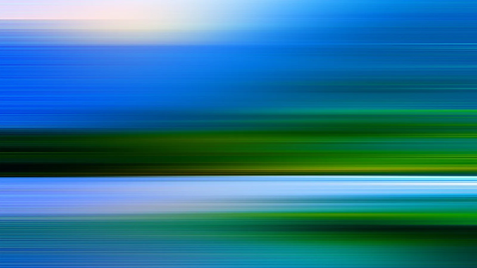 Abstrakte Komposition aus horizontalen Streifen in Blau, Grün und Hellblau, oben ein heller Verlauf, unten ein dunkles Grünband.