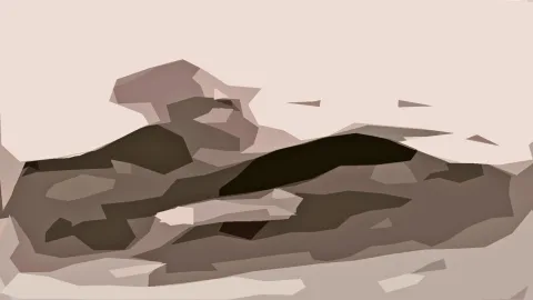 Abstrakte Komposition aus braunen und beigen Polygonflächen, dunkle Formen in der Mitte, heller Bereich oben.