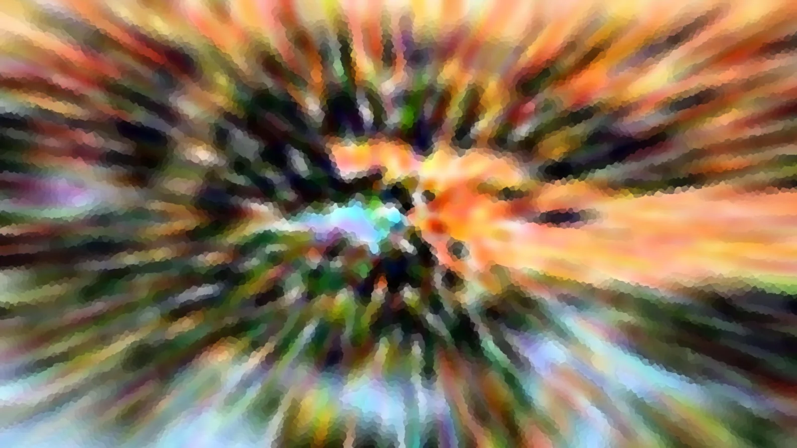 Abstrakte Komposition mit radial nach außen verlaufenden, verwischten Farbstreifen in Orange, Grün, Schwarz und Weiß, mosaikartig gepixelt.