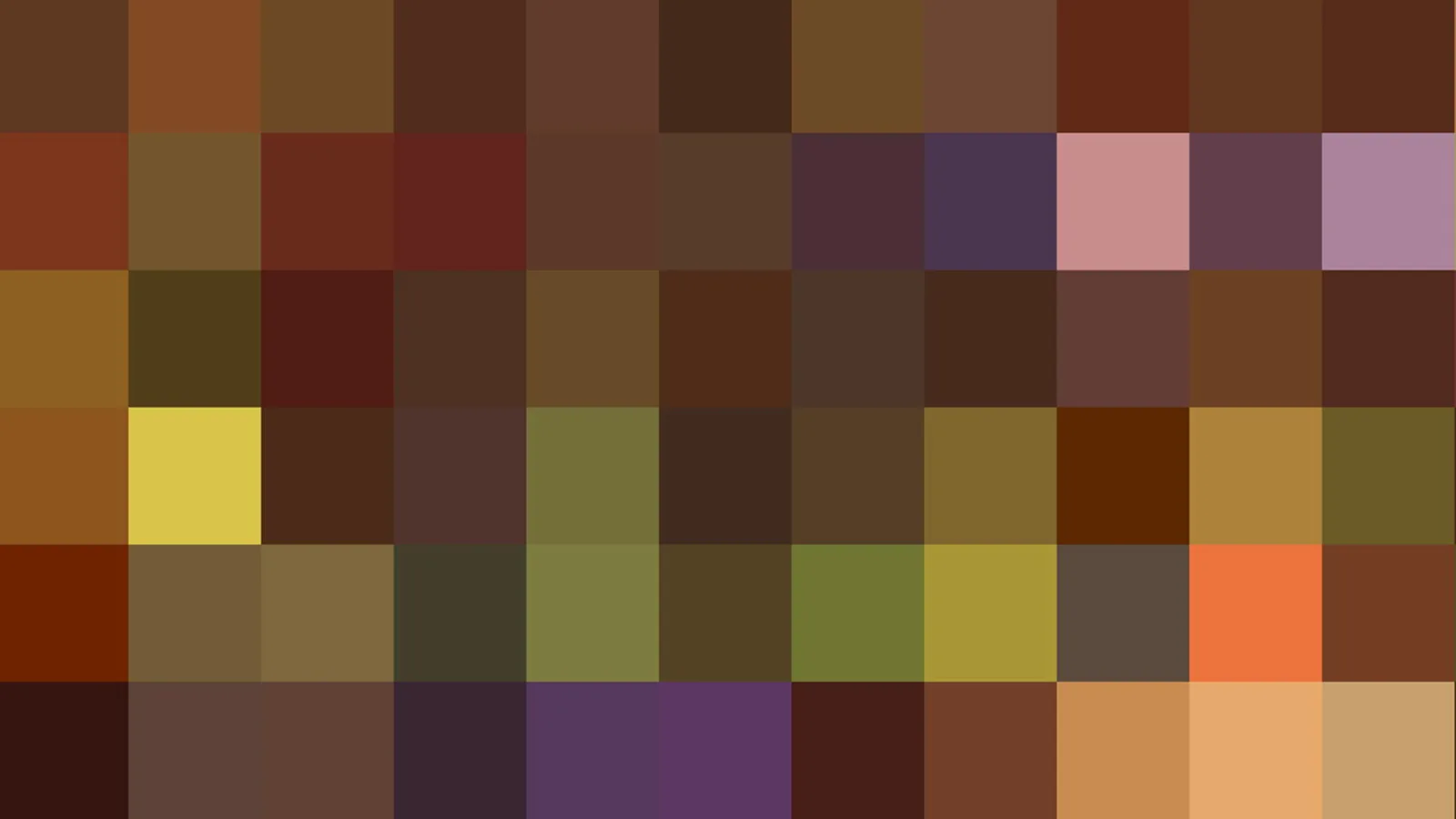 Abstrakte Komposition aus quadratischen Farbfeldern in Braun, Ocker, Olivgrün, Violett und einzelnen Akzenten in Gelb, Orange und Rosa, in einem Raster angeordnet.