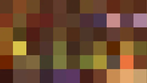 Abstrakte Komposition aus quadratischen Farbfeldern in Braun, Ocker, Olivgrün, Violett und einzelnen Akzenten in Gelb, Orange und Rosa, in einem Raster angeordnet.