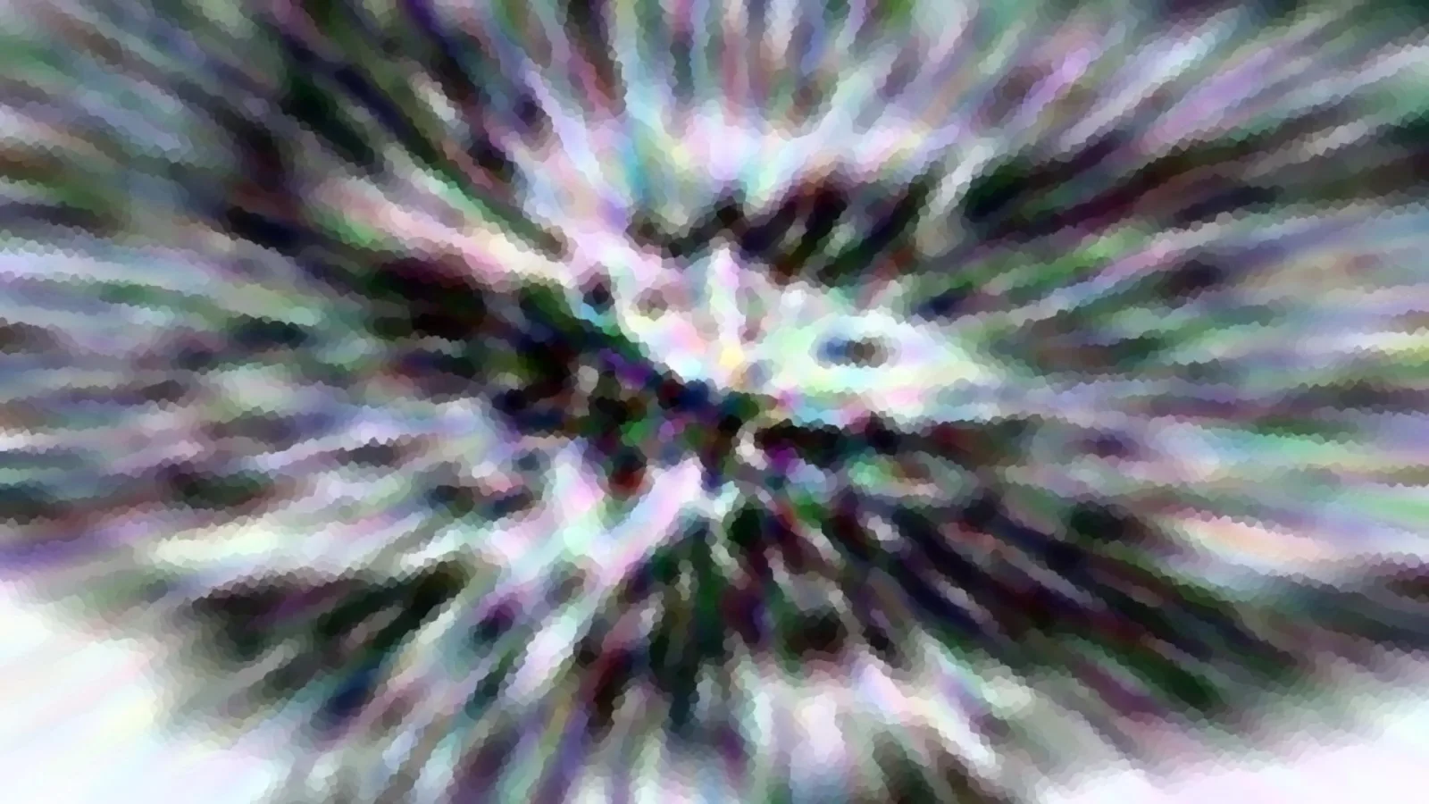 Abstraktes Bild mit radial von der Mitte ausstrahlenden, pastellfarbenen Streifen in Grün, Lila und Weiß, leicht körnig gepixelt.