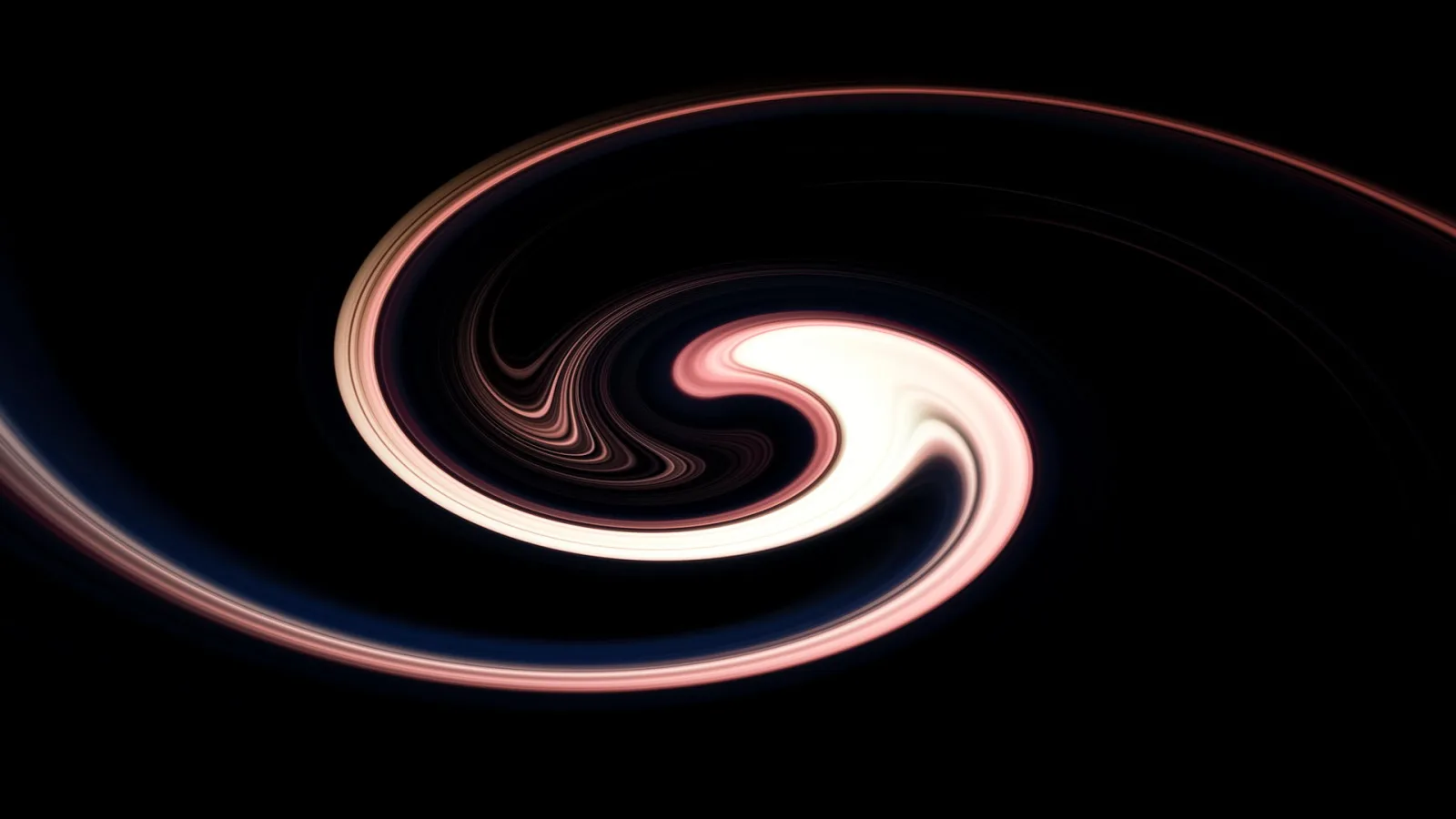 Abstrakte, rotierende Spirale aus weißen und rötlichen Lichtbahnen auf schwarzem Hintergrund, die sich von außen zur hellen Mitte windet.
