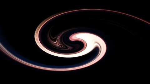 Abstrakte, rotierende Spirale aus weißen und rötlichen Lichtbahnen auf schwarzem Hintergrund, die sich von außen zur hellen Mitte windet.