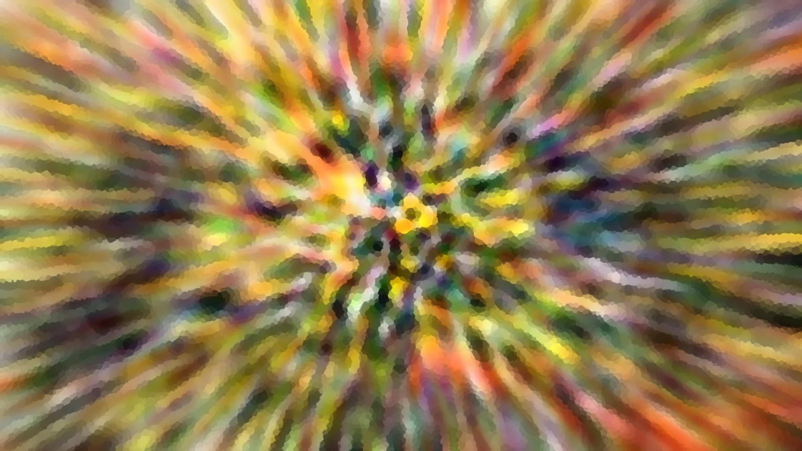 Abstrakte Komposition aus bunten, radial angeordneten Farbstrichen in Gelb, Grün, Orange und Violett, zur Mitte hin verwischt und mosaikartig gebrochen.