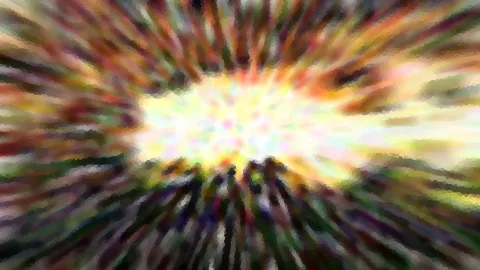 Abstrakte Komposition aus radial verlaufenden, bunten Schlieren mit hellem gelbweißem Zentrum und dunklen Streifen am unteren Rand.