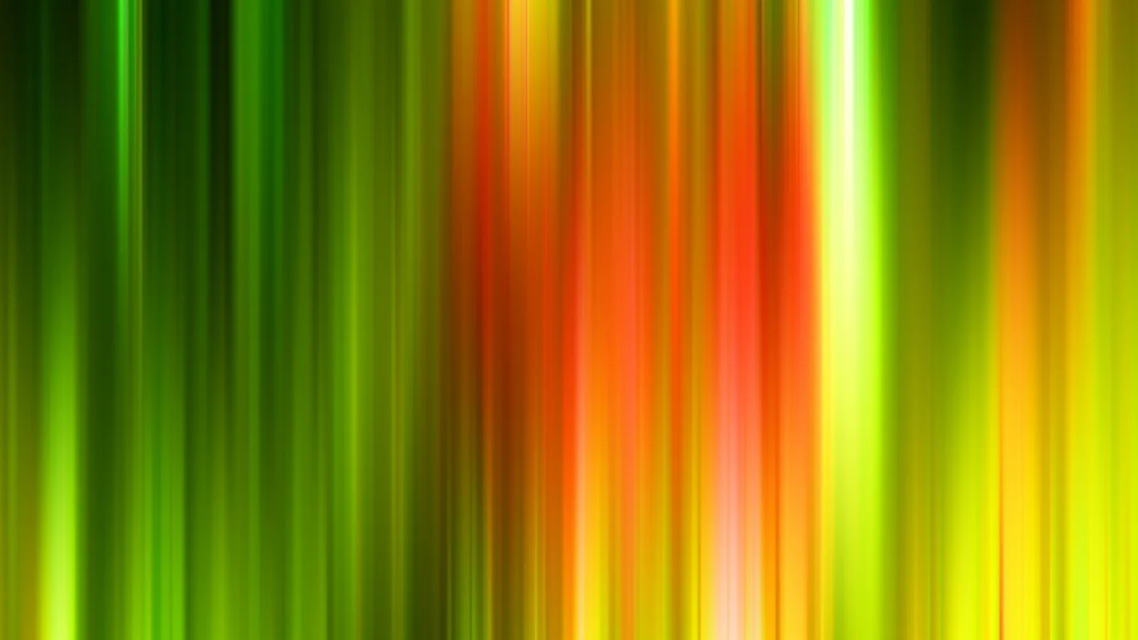 Abstrakte vertikale Streifen in Grün, Gelb und Orange, die von hell leuchtenden Linien durchzogen sind, vor dunklem Hintergrund.