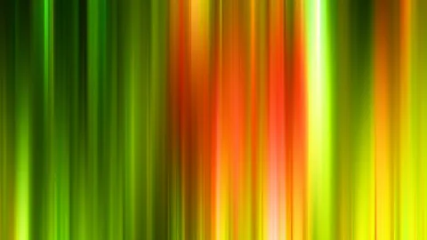 Abstrakte vertikale Streifen in Grün, Gelb und Orange, die von hell leuchtenden Linien durchzogen sind, vor dunklem Hintergrund.