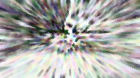 Abstraktes Bild mit radial von der Mitte ausstrahlenden, pastellfarbenen Streifen in Grün, Violett und Weiß, mosaikartig verpixelt.