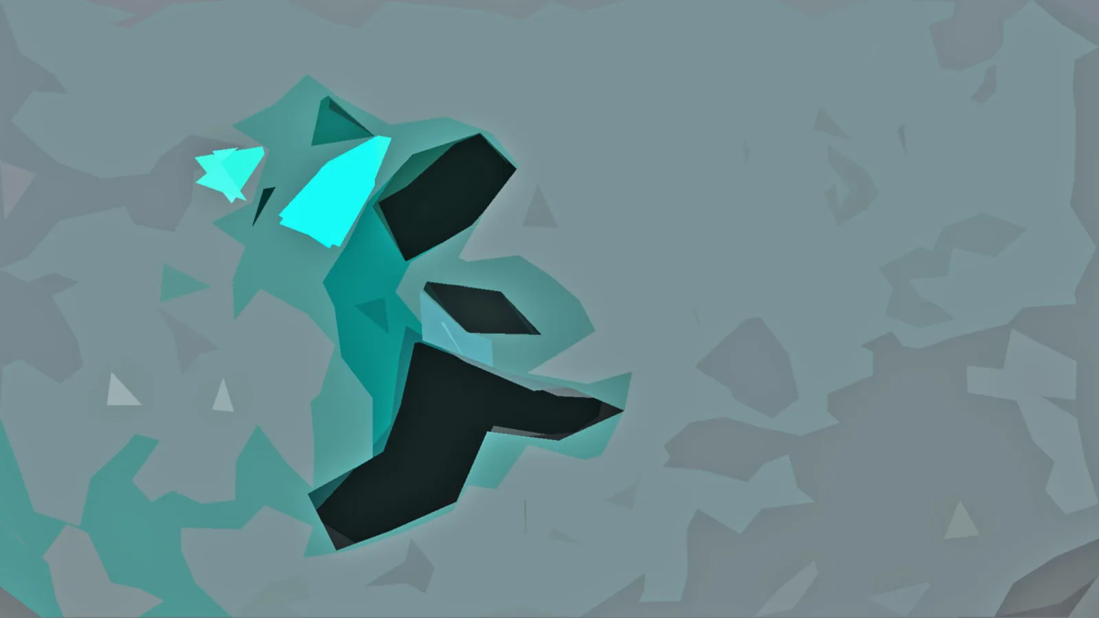 Abstrakte Low-Poly-Komposition in Türkis und Grau mit einer dunklen, zackigen Form links der Mitte und hellen Lichtkanten.