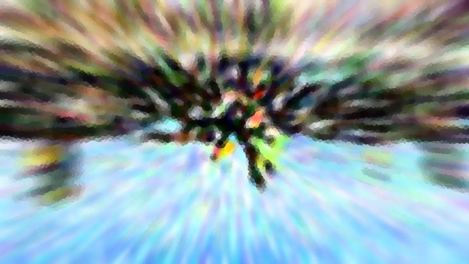 Abstrakte Komposition mit radial verwischten bunten Streifen, im Zentrum ein dunkler, verzweigter Schatten, unten helles Blau.