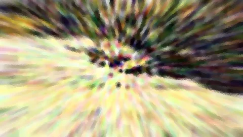 Abstrakte Komposition aus radial verlaufenden, verwischten Farbstreifen in Gelb, Grün und Dunkelviolett mit pixeligem Mosaikeffekt.