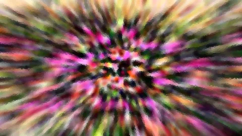 Abstrakte Komposition aus radial von der Mitte nach außen verlaufenden, pixeligen Farbschlieren in Pink, Grün, Orange und Schwarz.