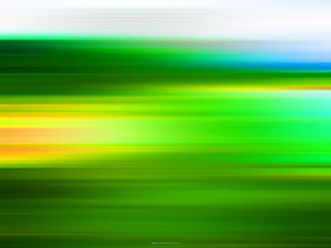Horizontal verwischte Streifen in Grün, Gelb, Orange und Blau, am oberen Rand hellweiß und rechts oben ein blauer Akzent.