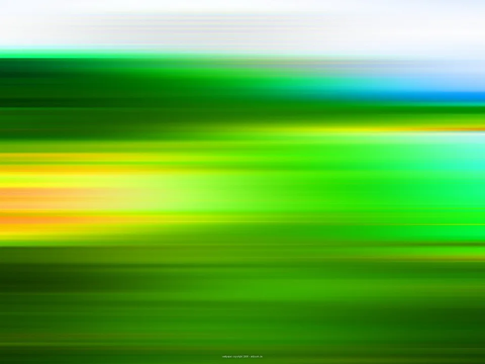 Horizontal verwischte Streifen in Grün, Gelb, Orange und Blau, am oberen Rand hellweiß und rechts oben ein blauer Akzent.