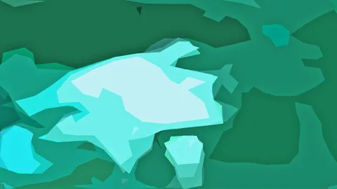 Abstrakte Komposition aus flachen, türkisfarbenen und grünen Flächen mit einer hellen, mintweißen Form in der Bildmitte und einem leuchtend cyanfarbenen Fleck links unten.