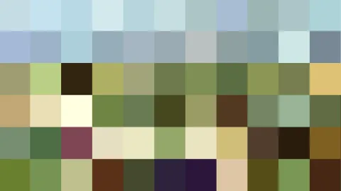 Abstraktes Mosaik aus quadratischen Farbfeldern: oben helle Blautöne, darunter Grau-Blau, Olivgrün, Beige, Braun und dunkles Violett.