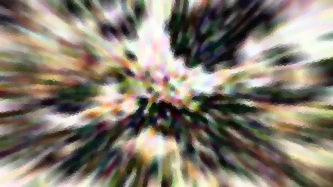 Abstrakte Komposition aus bunten, radial verwischten Streifen in Grün, Weiß, Rosa und Gelb mit mosaikartiger Struktur