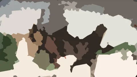 Abstrakte Komposition aus flachen, unregelmäßigen Farbflächen in Grau, Beige, Braun und Grün, mit einem dunklen Zentrum.