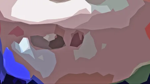 Abstrakte Low-Poly-Fläche in Rosa, Weiß und Mauve mit blauen und grünen Flächen an den Rändern und dunklem Navy unten links.