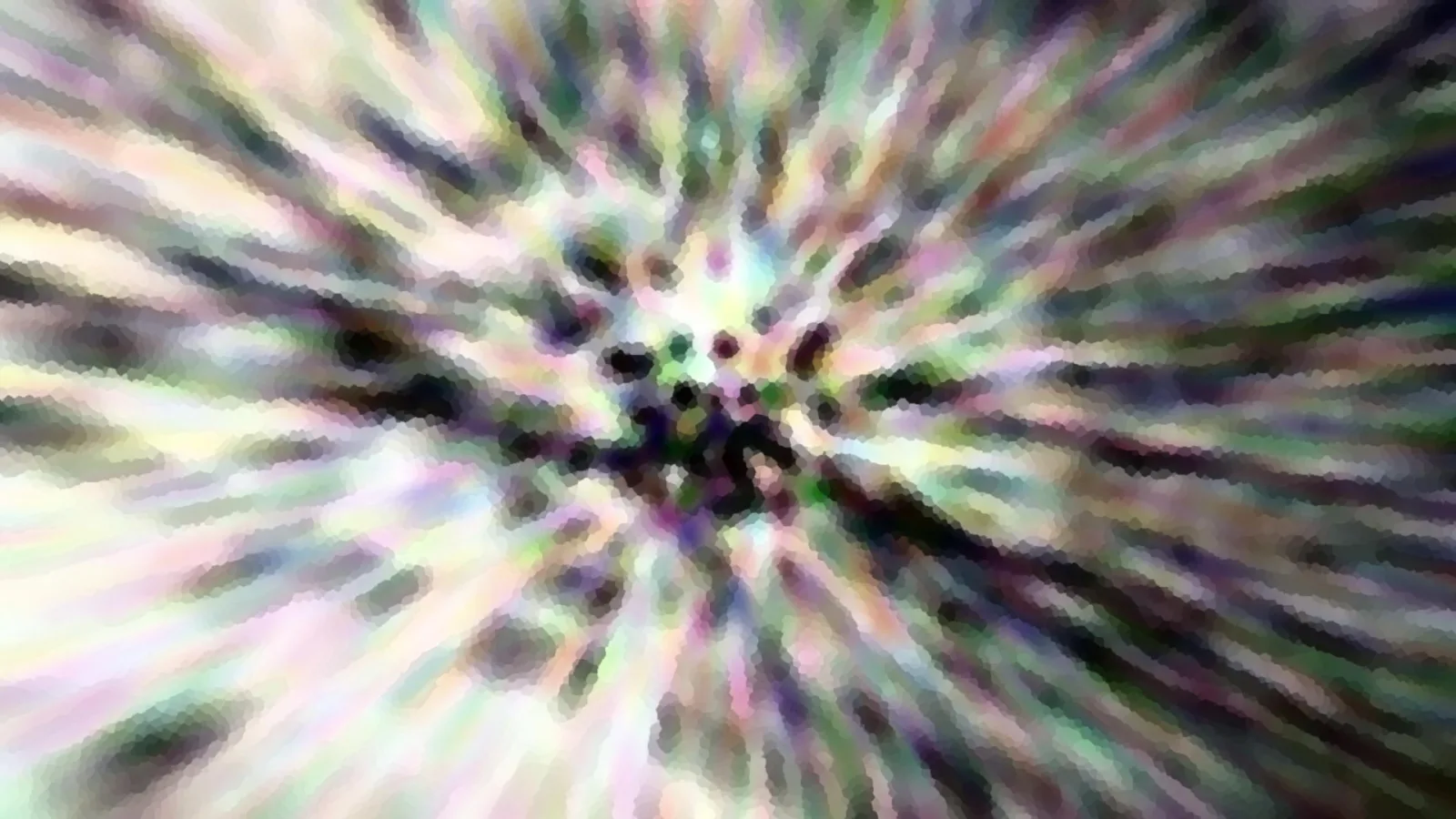 Abstrakte Komposition aus pastellfarbenen Streifen, die von einem dunklen Zentrum radial nach außen strahlen, mosaikartig pixelig.