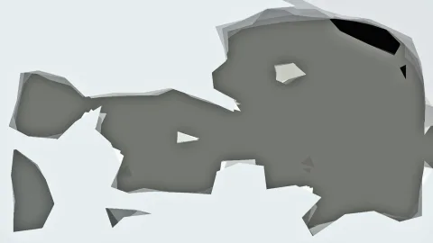 Abstrakte Komposition aus grauen, kantigen Polygonflächen auf hellblauweißem Hintergrund, rechts eine große dunkle Fläche mit schwarzen Akzenten.