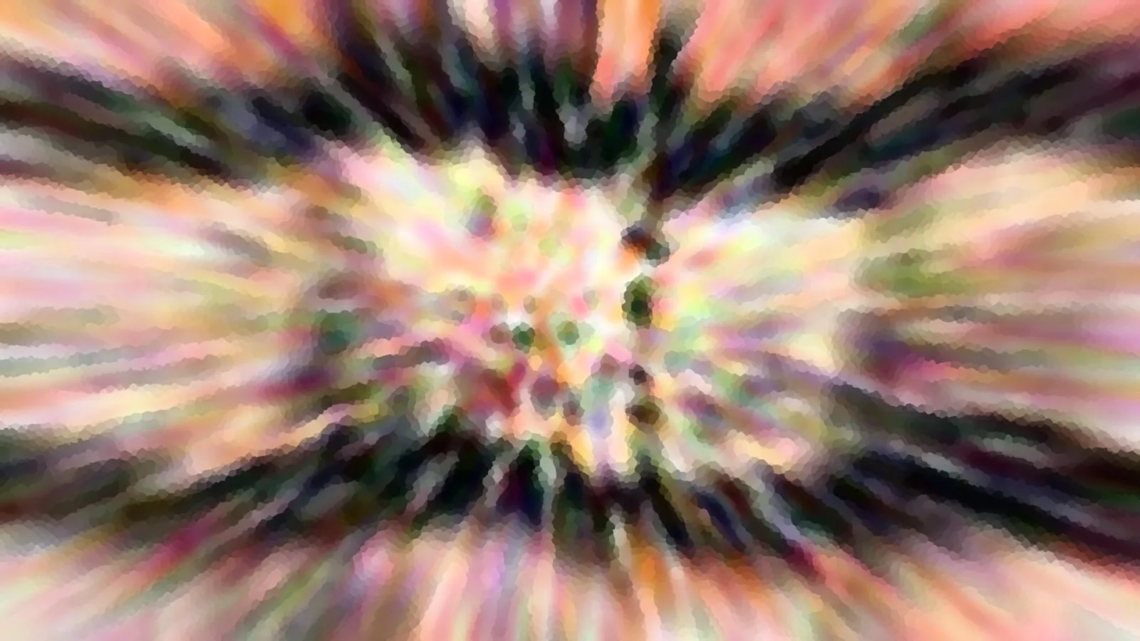Abstrakte Komposition aus radial von einem Zentrum ausstrahlenden Streifen in Rosa, Orange, Gelb und Dunkelgrün, mit verschwommenen Punkten im hellen Mittelpunkt.