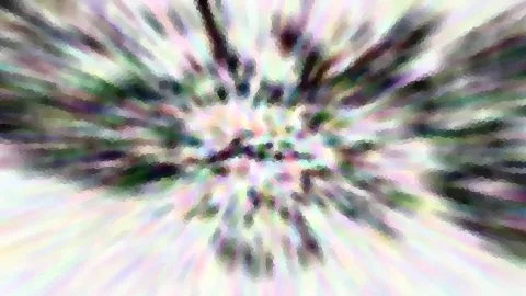 Abstrakte Komposition aus Streifen, die von einer hellen Mitte radial nach außen laufen, in Weiß, Lila, Grün und Pastelltönen mit mosaikartiger Pixelstruktur.