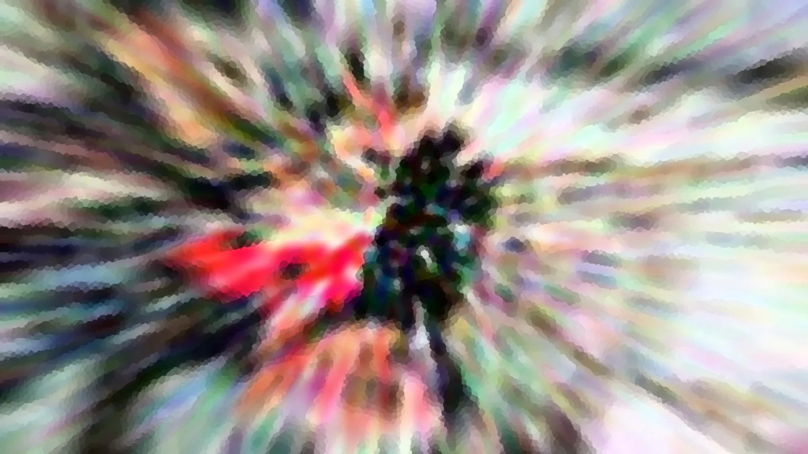 Abstrakte Komposition aus farbigen Schlieren, die radial von einer dunklen Mitte nach außen laufen.