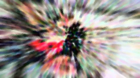 Abstrakte Komposition aus farbigen Schlieren, die radial von einer dunklen Mitte nach außen laufen.