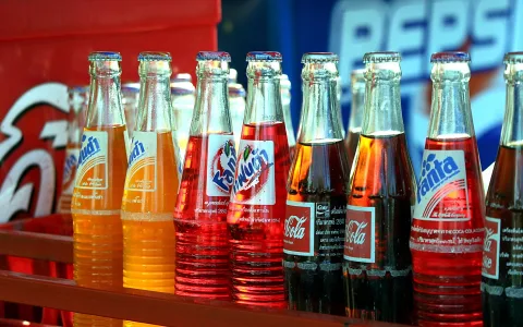 Reihe von Glasflaschen mit Fanta und Coca-Cola in einer roten Kiste, im Hintergrund ein blauer Pepsi-Schriftzug