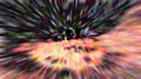 Abstrakte Komposition aus radial verwischten Farbstreifen in Grün, Violett, Orange und Gelb, die von einem dunklen Zentrum nach außen strahlen.