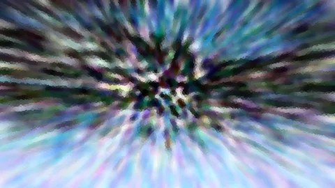 Abstraktes Bild mit radial von der Mitte nach außen verlaufenden, bunten Schlieren in Blau, Violett und Grün vor dunklem Zentrum.