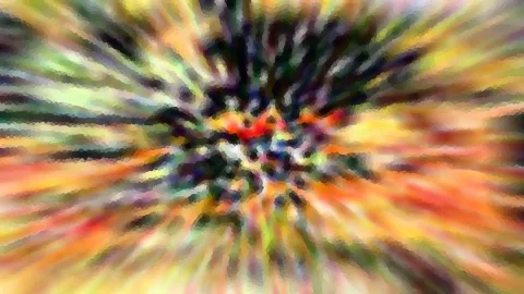 Abstrakte Komposition aus radial von einem dunklen Zentrum nach außen laufenden Streifen in Gelb, Orange, Grün und Rot, mosaikartig zerlegt.