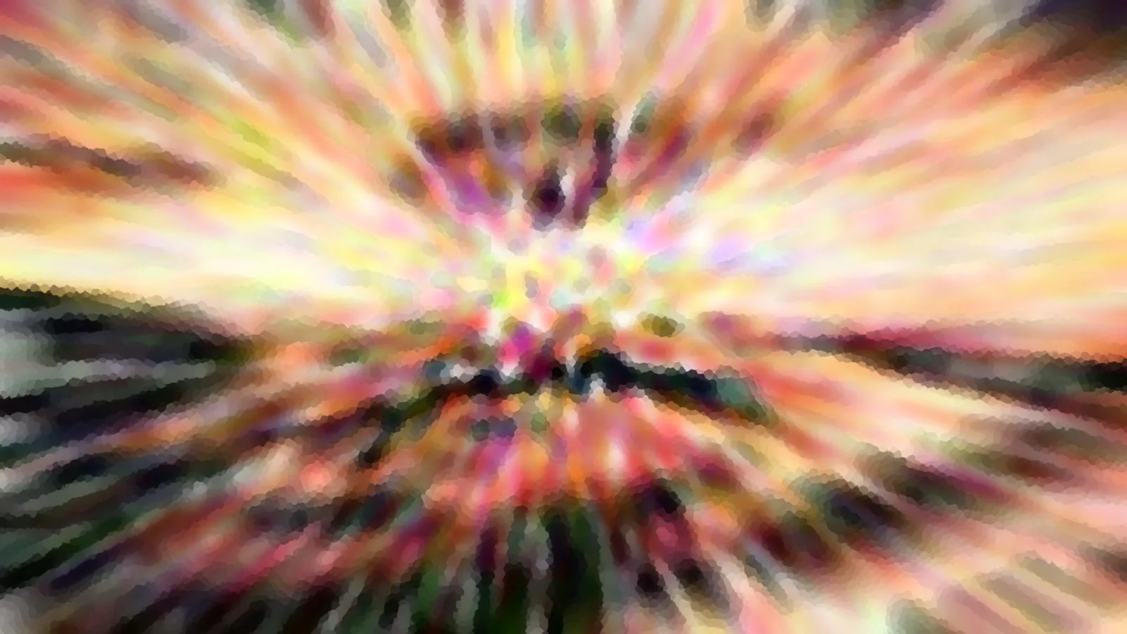 Abstrakte Komposition mit radial nach außen laufenden, verwischten Streifen in Gelb, Rosa und Grün, im Zentrum hell leuchtend, unten ein dunkler Horizontstreifen.