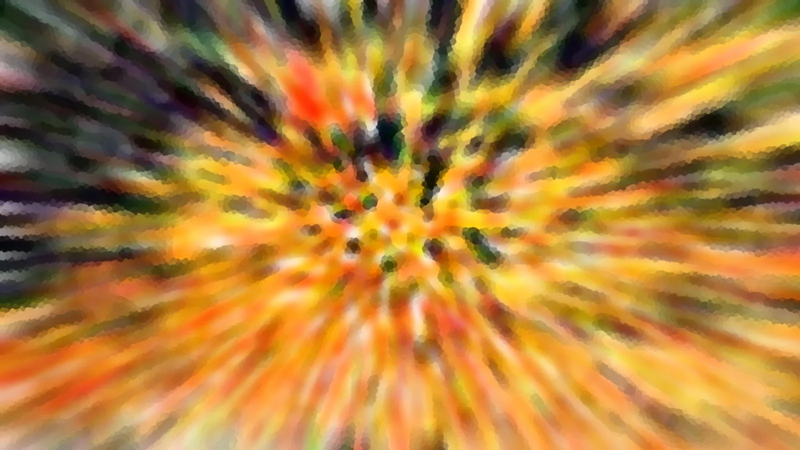 Abstraktes Bild mit bunten Farbflecken in Orange, Gelb und Grün, die von der Mitte radial nach außen strahlen.