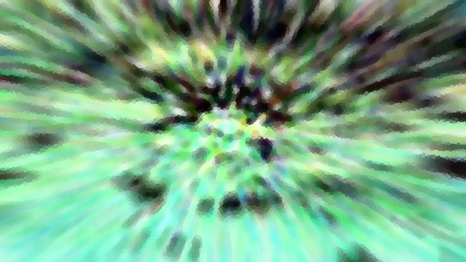 Abstraktes Bild mit grünen und türkisen Streifen, die radial von einem dunkleren Zentrum nach außen laufen, unscharf und mit pixeliger Struktur.