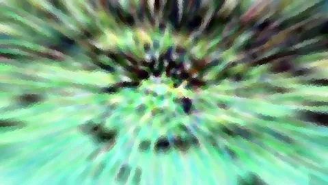 Abstraktes Bild mit grünen und türkisen Streifen, die radial von einem dunkleren Zentrum nach außen laufen, unscharf und mit pixeliger Struktur.