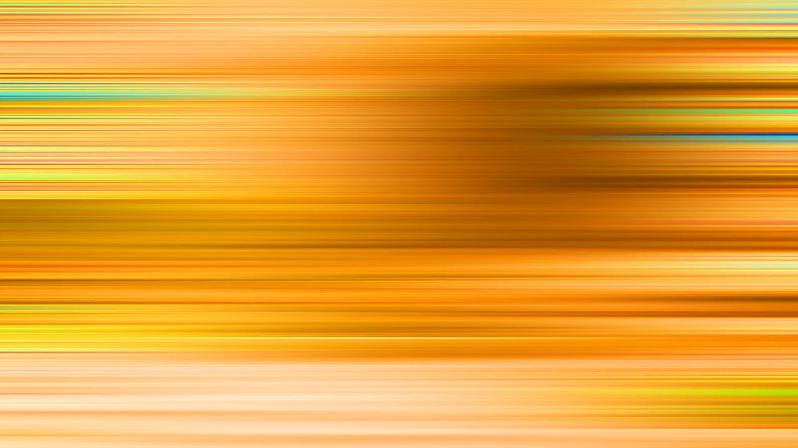 Abstrakte horizontale Streifen in Orange, Gelb und Gold mit verschwommenen Übergängen, dunkler Schatten in der Bildmitte rechts, vereinzelte türkise und blaue Linien.