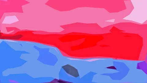 Abstrakte Komposition aus flachen, kantigen Farbflächen in Pink, Rot und Blau, unten ein graues Oval auf blauem Grund.